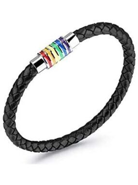 Men's Black Braided Leather Bracelet with Rainbow Accent